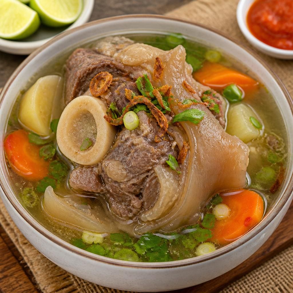 Sop Kaki Sapi Te Sate dengan kuah hangat dan potongan kaki sapi gurih